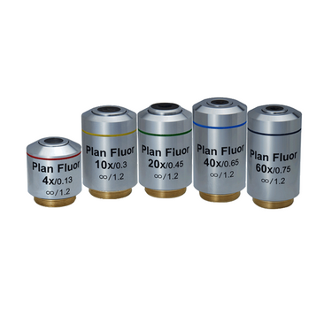 Infinity-Corrected Long Working Distance Plan Fluor Apochromatic Microscope Objective Lens Set 4X 10X 20X 40X 60X, SKU FM06023041, three quarter front view