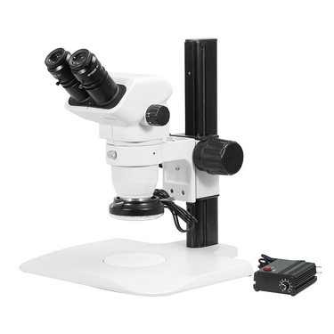 6.7-45X LED Light Track Stand Binocular Zoom Stereo Microscope, SKU SZ02060022, three quarter front view