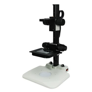Microscope Track Stand, 39mm Coarse Focus Rack, Fine Focus XY Stage, LED Light Base, SKU ST02112021, three quarter front view
