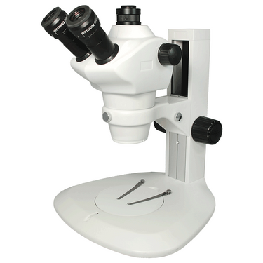 8X-50X Widefield Zoom Stereo Microscope, Trinocular, Track Stand (Track Length 300mm) Fan Shaped Base, SKU SZ09010141, three quarter front view