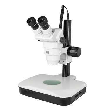 6.7-45X Track Stand HF Dual Illuminated Light Binocular Zoom Stereo Microscope, SKU SZ02020022, three quarter front view