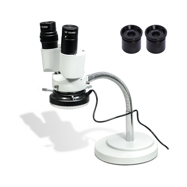 8X 8X/16X LED Light Gooseneck Stand 8X/16X Binocular Fixed Power Stereo Microscope, SKU FS02050123, three quarter front view