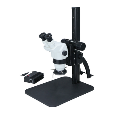 6.7-45X LED Light Curved Arm Stand Binocular Zoom Stereo Microscope, SKU SZ02020123, three quarter front view