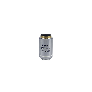 Objective Working Distance 2.90mm 100X Infinity Plan Long Working Distance Achromatic Metallurgical Objective, SKU MT02503831, three quarter front view