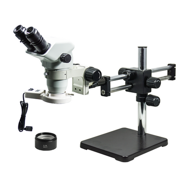 3.35-45X Dual Arm Stand Fluorescence Light Binocular Zoom Stereo Microscope, SKU SZ02060525, three quarter front view