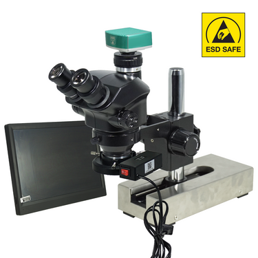 2.0 Megapixels 7-50X CMOS ESD Safe Gliding Base Stand Fluorescence Light ESD Trinocular Zoom Stereo Microscope, SKU SZ02090233, three quarter front view