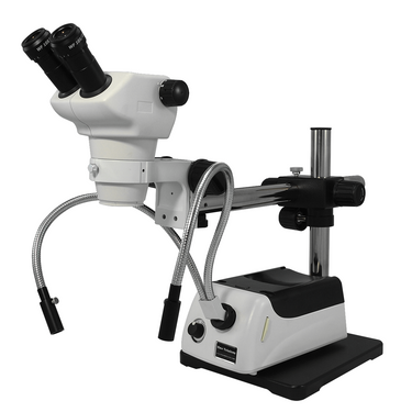 8X-50X Widefield Zoom Stereo Microscope, Binocular, Single Arm Boom Stand + Halogen Fiber Optic Illuminator, SKU SZ02030422, three quarter front view
