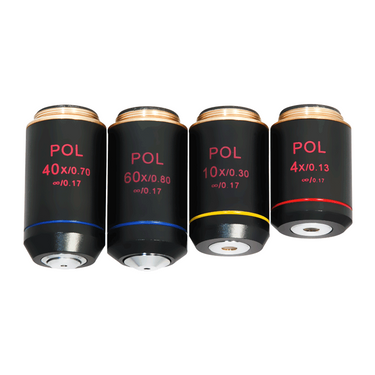 Infinity-Corrected Achromatic POL Polarizing Microscope Objective Lens Set 4X 10X 40X 100X with Black Finish, SKU PL03023012, three quarter front view