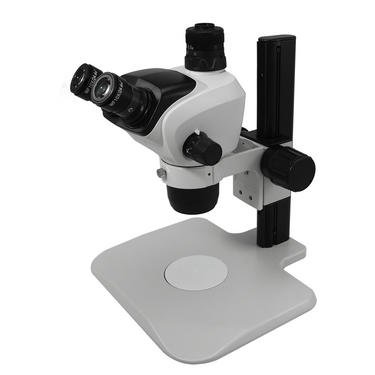 6.6X-51X Widefield Zoom Stereo Microscope, Trinocular, Track Stand, SKU SZ02050031, three quarter front view