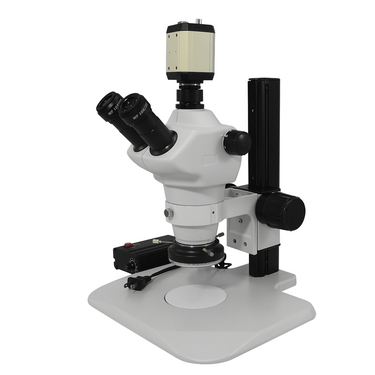 8X-50X Widefield Zoom Stereo Microscope, Trinocular, Track Stand, LED Ring Light + 2M VGA Digital Camera, SKU SZ02030041, three quarter front view