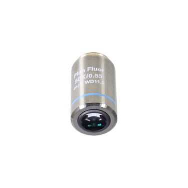 Objective Working Distance 11.0mm 50X Infinity Plan Long Working Distance Achromatic Metallurgical Objective, SKU MT02523631, three quarter front view