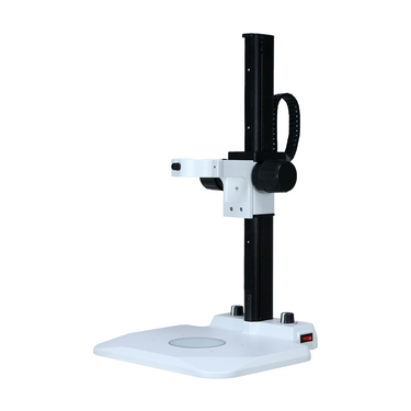 Microscope Track Stand, 85mm Coarse Focus Rack, LED Bottom Light Base (Dimmable), SKU ST02031404, three quarter front view