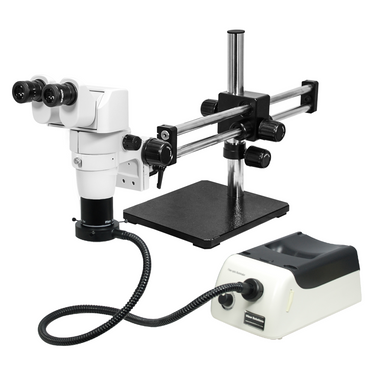 8-80X Halogen Light Dual Arm Stand Binocular Parallel Zoom Stereo Microscope, SKU PZ02050144, three quarter front view