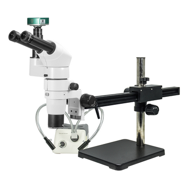 2.0 Megapixels 8-65X CMOS Ball Bearing Boom Stand Halogen Light Trinocular Parallel Zoom Stereo Microscope, SKU PZ02080272, three quarter front view