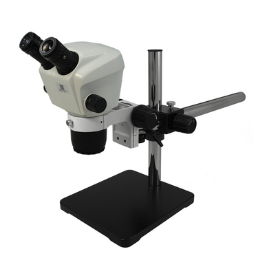 7X-45X Widefield Zoom Stereo Microscope, Binocular, Single Arm Boom Stand (Adjustable Eyepiece), SKU SZ02040421, three quarter front view