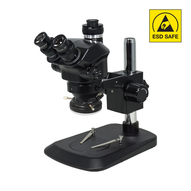7-50X ESD Safe UV FREE LED Light Post Stand ESD Trinocular Zoom Stereo Microscope, SKU SZ02090134, three quarter front view