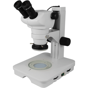 8X-50X Widefield Zoom Stereo Microscope, Binocular, Track Stand (Track Length 300mm) LED Ring Light and Bottom Light, Rectangle Base, SKU SZ02030025, three quarter front view