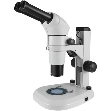 8-65X Track Stand LED Dual Illuminated Light Binocular Parallel Zoom Stereo Microscope, SKU PZ04010324, three quarter front view