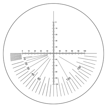 Microscope Eyepiece Reticle Cross Line Micrometer Ruler, 180° Angle, Dual Axis Crosshair Scale Dia. 26mm, 10mm/100 Div., SKU RT20121201, three quarter front view