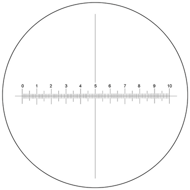 Microscope Eyepiece Reticle Cross Line Micrometer Ruler, X-Axis Crosshair Scale Dia. 20mm, 10mm/100 Div., SKU RT20103123, three quarter front view