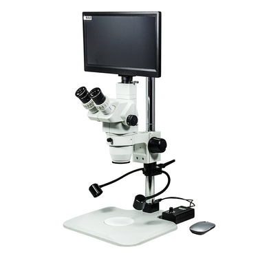 2.0 Megapixels 6.7-45X CMOS LED Light Post Stand Trinocular Zoom Stereo Microscope, SKU SZ02020237, three quarter front view