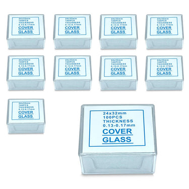 1,000 Glass Cover Slips (24x32mm Rectangular) for Microscope Slides, SKU SL39201004, three quarter front view