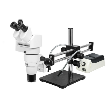 8-80X Halogen Light Dual Arm Stand Trinocular Parallel Zoom Stereo Microscope, SKU PZ02050136, three quarter front view
