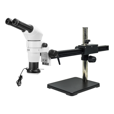 8-80X LED Light Ball Bearing Boom Stand Binocular Parallel Zoom Stereo Microscope, SKU PZ02080229, three quarter front view