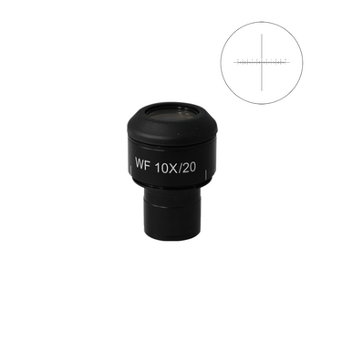 WF 10X Widefield Focusable Microscope Eyepiece with Reticle, X-Axis Crosshair, High Eyepoint, 23.2mm, FOV 20mm, Adjustable Diopter (One), SKU PL04052242, three quarter front view