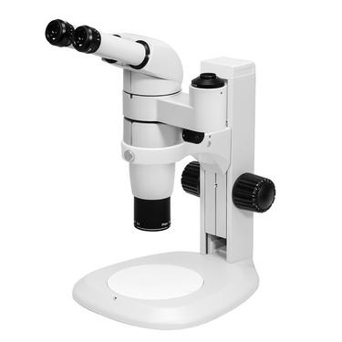 8-65X Track Stand Trinocular Parallel Zoom Stereo Microscope, SKU PZ17010131, three quarter front view