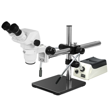 6.7-45X Halogen Light Boom Stand Binocular Zoom Stereo Microscope, SKU SZ02020428, three quarter front view