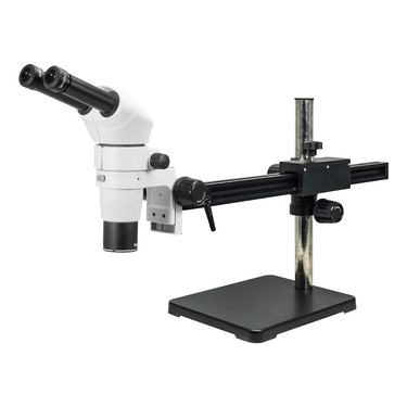 8-80X Ball Bearing Boom Stand Binocular Parallel Zoom Stereo Microscope, SKU PZ02080223, three quarter front view