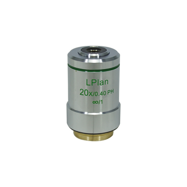 20X Infinity-Corrected Long Working Distance (L Plan PH2) Achromatic Phase Contrast Microscope Objective Lens Working Distance 7.6mm, SKU PH05133431, three quarter front view