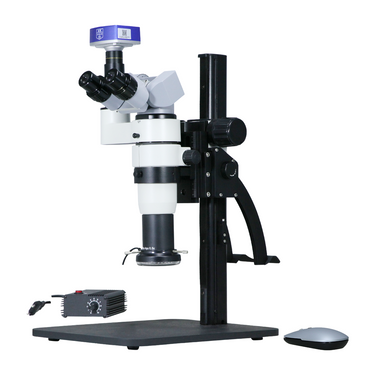 5-50X 8 Megapixels CMOS LED Light Curved Arm Stand Trinocular Parallel Zoom Stereo Microscope, SKU PZ02020172, three quarter front view