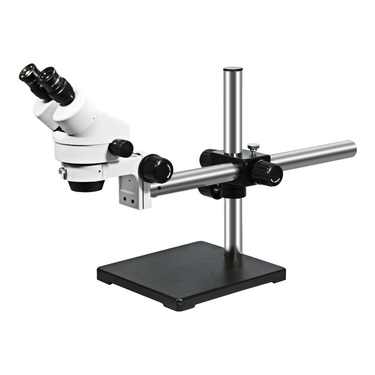 7X-45X Widefield Zoom Stereo Microscope, Binocular, Single Arm Boom Stand (Siedentopf), SKU SZ02010421, three quarter front view