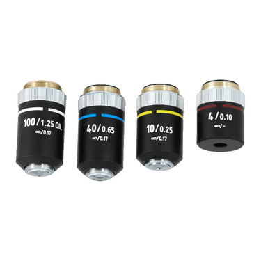 Infinity-Corrected Semi-Pan Achromatic Microscope Objective Lens Set (Oil Spring) 4X 10X 40X 100X with Black Finish, SKU BM13023021, three quarter front view