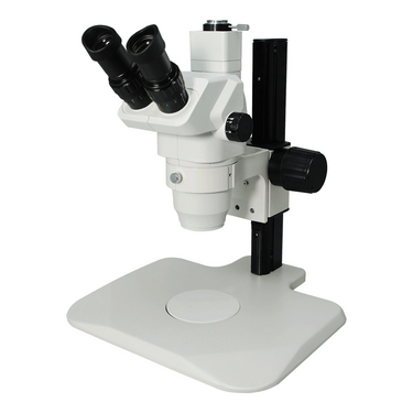 6.5X-45X Super Widefield Zoom Stereo Microscope, Trinocular, Track Stand (Track Length 325mm), SKU SZ02020072, three quarter front view