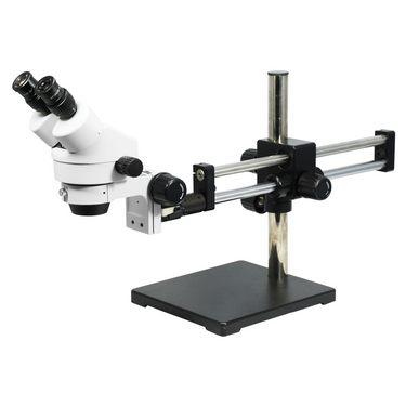 7X-45X Widefield Zoom Stereo Microscope, Binocular, Double Arm Boom Stand (Siedentopf), SKU SZ02030122, three quarter front view