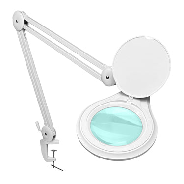 5 Diopter (2.25X) LED Magnifying Lamp with Clamp - 5-inch Glass Lens and Flip Cover, SKU MG16303221, three quarter front view