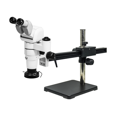 8-65X Ball Bearing Boom Stand Polarizing LED Light Trinocular Parallel Zoom Stereo Microscope, SKU PZ02140134, three quarter front view