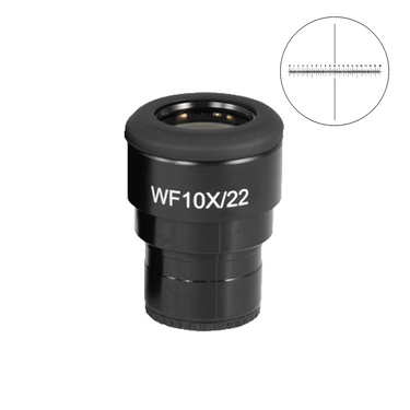 WF 10X Widefield Focusable Microscope Eyepiece with Reticle, X-Axis Crosshair, High Eyepoint, 30mm, FOV 22mm, Adjustable Diopter (One), SKU SZ04023241, three quarter front view