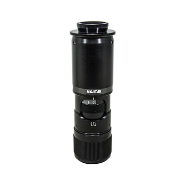 0.58-7X Zoom Ratio 1:12 Objective Working Distance 86mm Navitar 12X Zoom, 12 mm Fine Focus, SKU Navitar-1-50486, three quarter front view