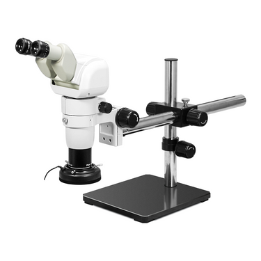 4-32.5X Polarizing LED Light Boom Stand Binocular Parallel Zoom Stereo Microscope, SKU PZ02141124, three quarter front view