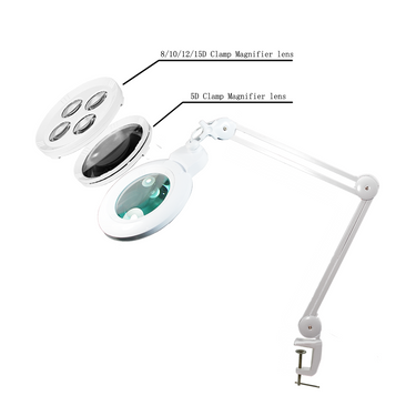 3, 5 & Multi-Diopter (8, 10, 12 & 15D) LED Magnifying Lamp with Clamp – 3 Interchangeable 6-inch Glass Lenses, SKU MG16304210, three quarter front view