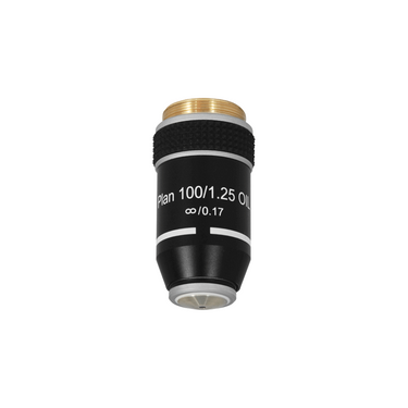 100X Infinity-Corrected Plan Achromatic Microscope Objective Lens, SKU BM04043831, three quarter front view