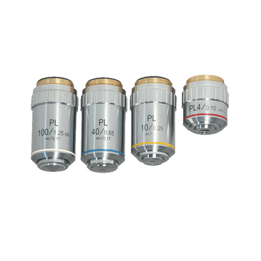 Infinity-Corrected Plan Achromatic Microscope Objective Lens Set 4X 10X 40X 100X, SKU BM14043031, three quarter front view