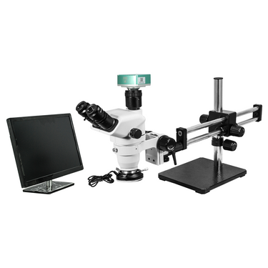 2.0 Megapixels 6.7-45X CMOS LED Light Dual Arm Stand Trinocular Zoom Stereo Microscope, SKU SZ02060535, three quarter front view