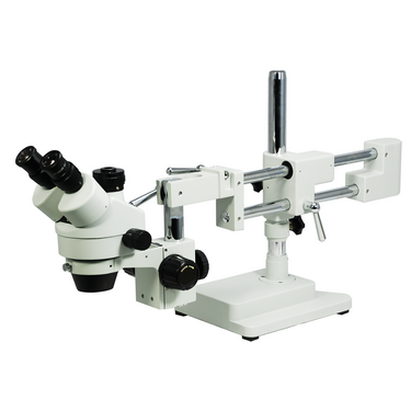7X-45X Widefield Zoom Stereo Microscope, Trinocular, Double Arm Boom Stand with Arbor, SKU SZ05030134, three quarter front view
