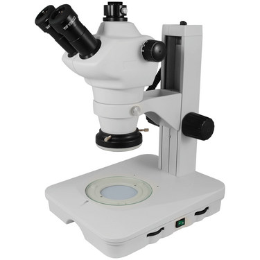 8X-50X Widefield Zoom Stereo Microscope, Trinocular, Track Stand (Track Length 300mm) LED Ring Light and Bottom Light, Rectangle Base, SKU SZ02030045, three quarter front view