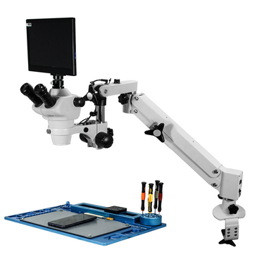 2.0 Megapixels 4-50X CMOS Pneumatic Arm Trinocular Zoom Stereo Microscope, SKU SZ02030755, three quarter front view